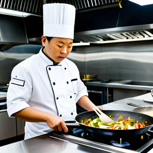 Home 26 A highly skilled professional chef in a pristine, modest white chef's uniform and a neat chef's hat, focused intently on stir-frying fresh Chinese vegetables in a gleaming wok, with controlled steam gracefully rising. The setting is a meticulously clean and well-lit modern professional kitchen. Various fresh, colorful ingredients are neatly arranged on stainless steel countertops in the background. The atmosphere is one of disciplined culinary artistry, showcasing precision and expertise. Perfect anatomy, correct proportions, natural pose, well-formed hands, proper finger count, natural body proportions, fully clothed, appropriate attire, professional dress, safe for work, appropriate content, family-friendly, professional photography, high quality, ultra-detailed, cinematic lighting.