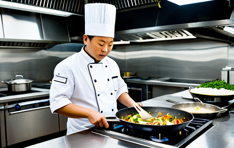 A highly skilled professional chef in a pristine, modest white chef's uniform and a neat chef's hat, focused intently on stir-frying fresh Chinese vegetables in a gleaming wok, with controlled steam gracefully rising. The setting is a meticulously clean and well-lit modern professional kitchen. Various fresh, colorful ingredients are neatly arranged on stainless steel countertops in the background. The atmosphere is one of disciplined culinary artistry, showcasing precision and expertise. Perfect anatomy, correct proportions, natural pose, well-formed hands, proper finger count, natural body proportions, fully clothed, appropriate attire, professional dress, safe for work, appropriate content, family-friendly, professional photography, high quality, ultra-detailed, cinematic lighting.