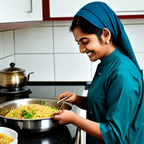 Home 25 ** A Pakistani woman, fully clothed in a modest salwar kameez, smiles warmly while working in a clean, modern kitchen. She is expertly preparing a popular Chinese dish, like fried rice or noodles. Professional food photography, natural lighting, perfect anatomy, well-formed hands, safe for work, appropriate content, family-friendly.
**