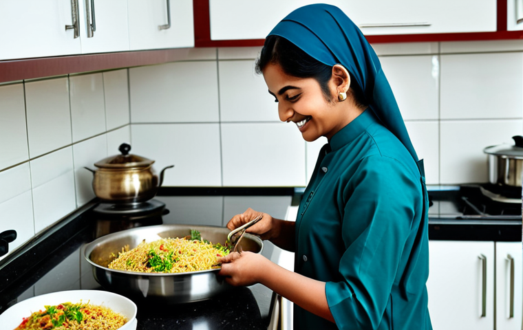 ** A Pakistani woman, fully clothed in a modest salwar kameez, smiles warmly while working in a clean, modern kitchen. She is expertly preparing a popular Chinese dish, like fried rice or noodles. Professional food photography, natural lighting, perfect anatomy, well-formed hands, safe for work, appropriate content, family-friendly.

**
