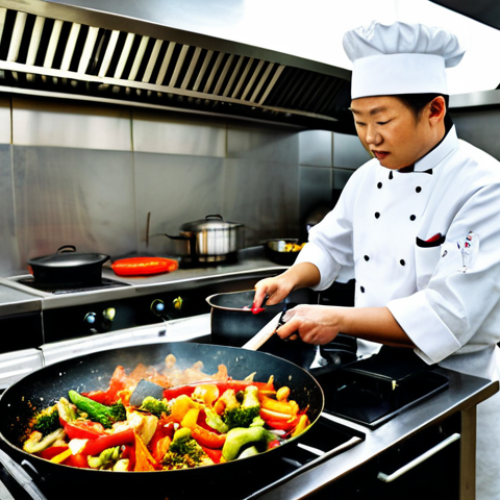 Home 24 Wok Cooking Scene**
"A busy, vibrant kitchen scene with a professional chef using a wok over a high-flame stove, fully clothed in a chef's uniform, appropriate attire, stir-frying colorful vegetables. Spices and sauces are visible in the background. Safe for work, appropriate content, family-friendly, perfect anatomy, natural proportions, professional food photography, high quality."
**