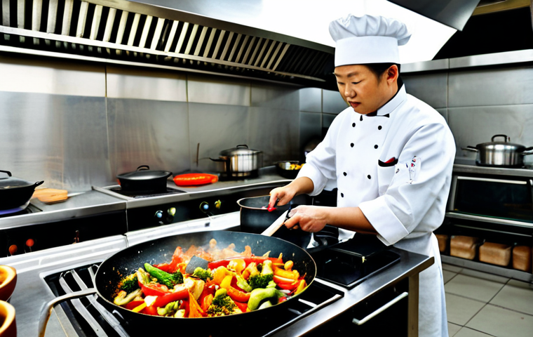 Wok Cooking Scene**

"A busy, vibrant kitchen scene with a professional chef using a wok over a high-flame stove, fully clothed in a chef's uniform, appropriate attire, stir-frying colorful vegetables. Spices and sauces are visible in the background. Safe for work, appropriate content, family-friendly, perfect anatomy, natural proportions, professional food photography, high quality."

**