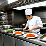 **

A professional chef in a clean, modern Chinese restaurant kitchen, preparing ingredients for a stir-fry. The chef is fully clothed in a chef's uniform, with a focused and skilled expression. The kitchen should feature stainless steel surfaces and organized cooking tools. Safe for work, appropriate content, fully clothed, professional. Perfect anatomy, correct proportions, natural pose, well-formed hands, proper finger count, natural body proportions.

**