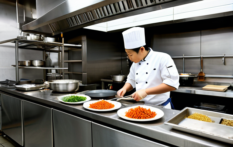 **

A professional chef in a clean, modern Chinese restaurant kitchen, preparing ingredients for a stir-fry. The chef is fully clothed in a chef's uniform, with a focused and skilled expression. The kitchen should feature stainless steel surfaces and organized cooking tools. Safe for work, appropriate content, fully clothed, professional. Perfect anatomy, correct proportions, natural pose, well-formed hands, proper finger count, natural body proportions.

**