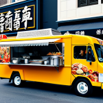 "A vibrant food truck, decorated with Chinese motifs, fully clothed chef serving customers, appropriate attire, safe for work, bustling street scene background, professional photography, natural proportions, high quality."