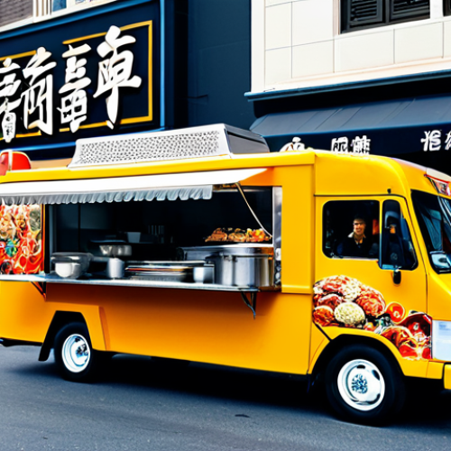 Home 12 "A vibrant food truck, decorated with Chinese motifs, fully clothed chef serving customers, appropriate attire, safe for work, bustling street scene background, professional photography, natural proportions, high quality."