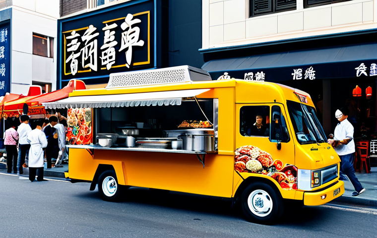 "A vibrant food truck, decorated with Chinese motifs, fully clothed chef serving customers, appropriate attire, safe for work, bustling street scene background, professional photography, natural proportions, high quality."